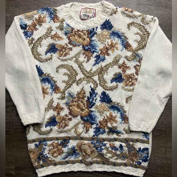 Crystal Kobe Knit Sweater Paisley Cream Tan Blue Vintage Size Small - Picture 1 of 5